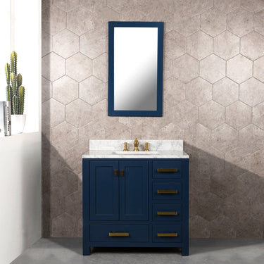 Madison 36-Inch Single Sink Carrara White Marble Vanity In Monarch Blue With Matching Mirror and F2-0013-06-FX Lavatory Faucet Vanity Water Creation